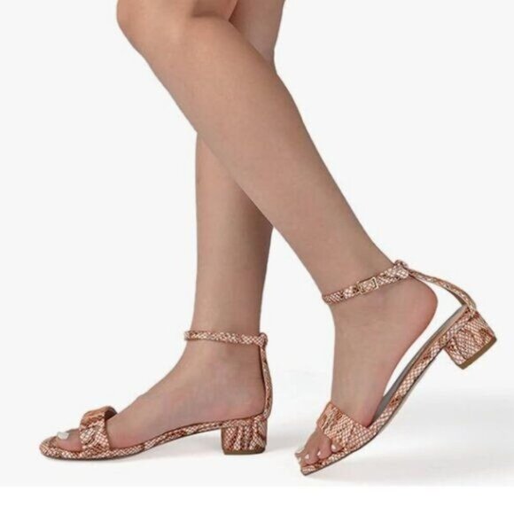 XYD Orange Snakeskin Open Toe Ankle Strap Buckled Low Chunky Heel Sandal - Picture 1 of 8